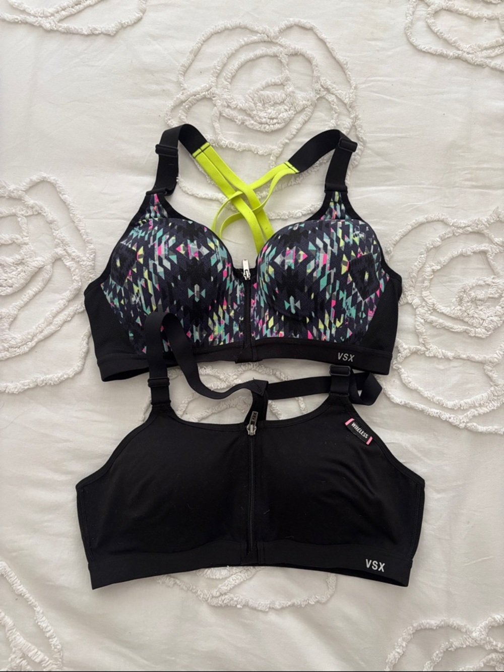 Victoria's Secret VSX Front-Zip Sports Bras - Black + Neon Pattern